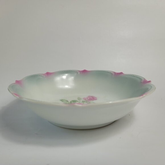 Koenigszelt Silesia Serving Bowl 9 Inch Pink Roses Green Leaves Beaded Boarder - Picture 2 of 15